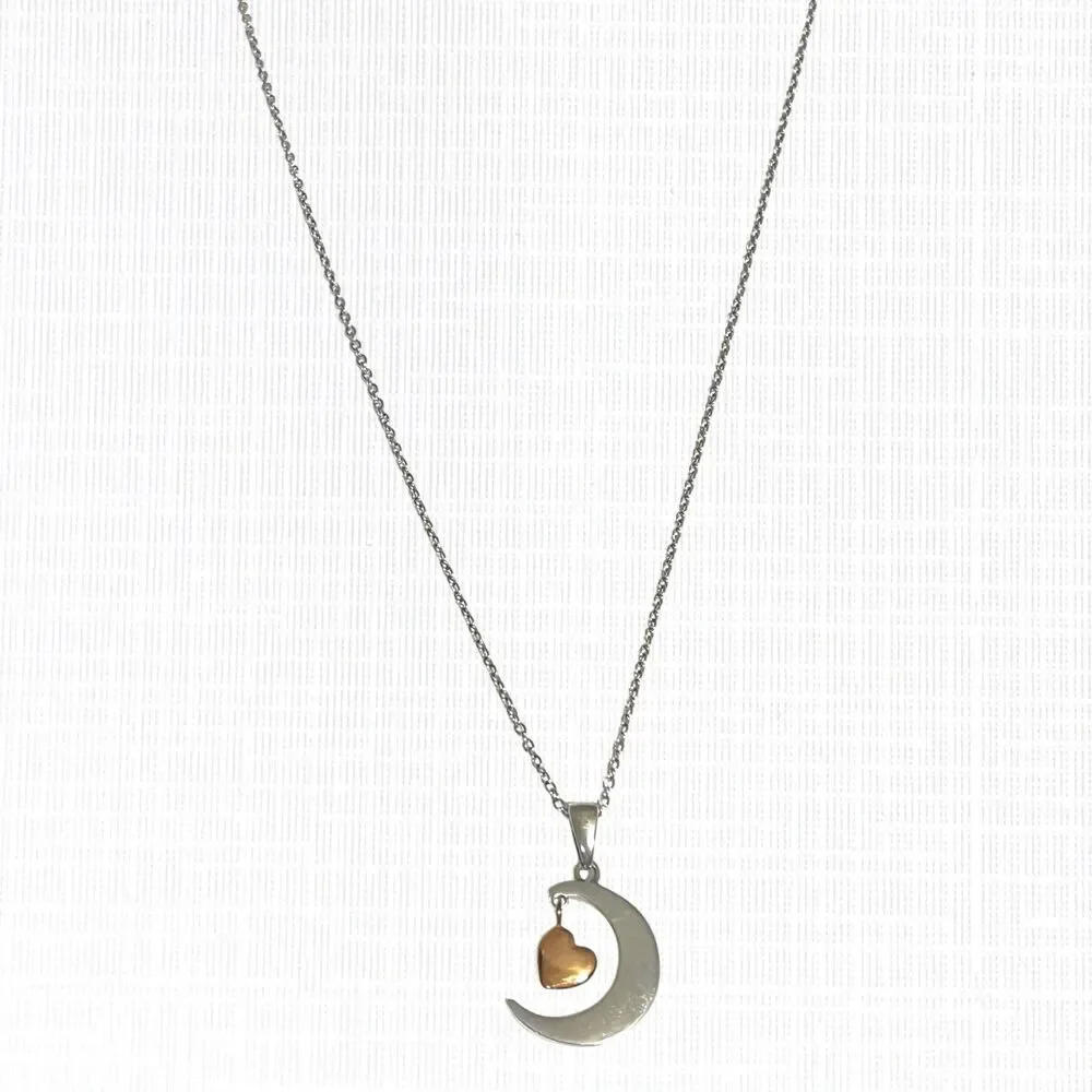 Moon Dangle Heart Pendant Necklace Love You More Stainless Steel Silver Tone 20